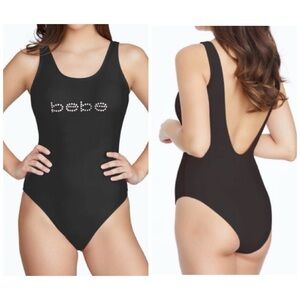 Bebe logo rhinestone one piece Black Women's Swimsuit NEW